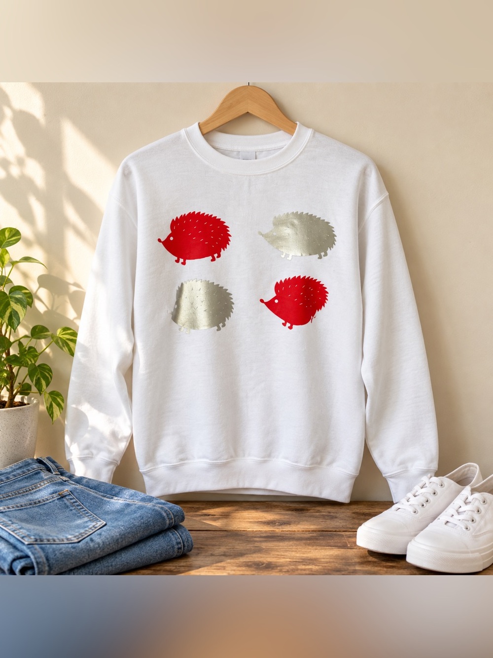 Gildan Hedgehog Graphic Crewneck Sweatshirt Womens Small White Red Silver